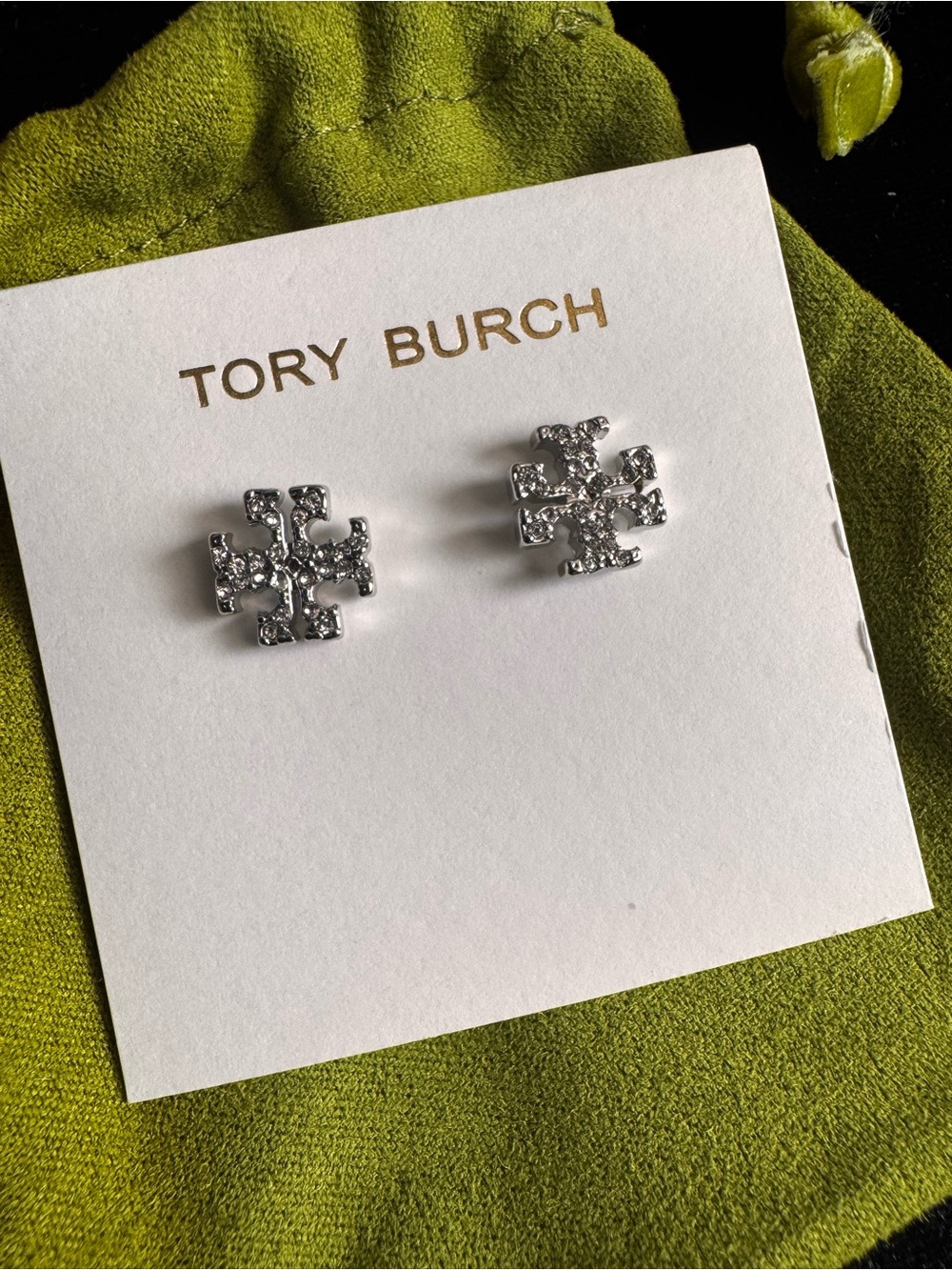 Tory Burch Silver Crystal Logo Stud Earrings